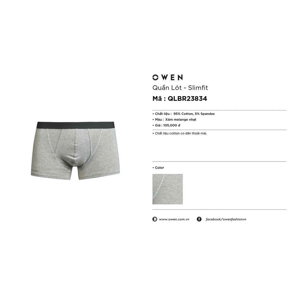 Quần Lót Nam Owen QLBR23834 Màu Xám Nhạt Dáng Boxer Slim Fit Vải Cotton Cao Cấp Sịp Đùi Thoáng Mát Dễ Chịu Co Giãn