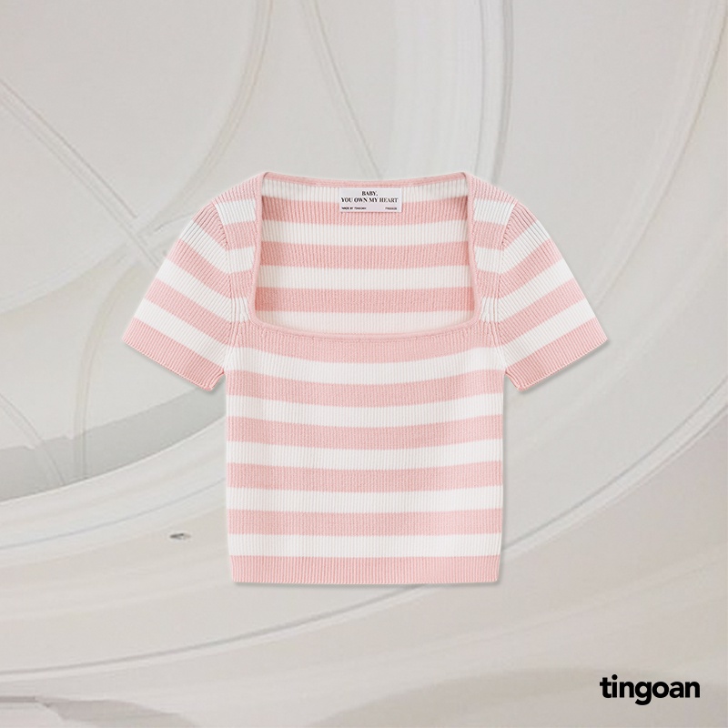 TINGOAN® Áo len crop lửng ngắn tay cổ vuông kẻ trắng hồng BORA BORA TOP/PK phiên bản mới nhất cuối tháng  7.2023