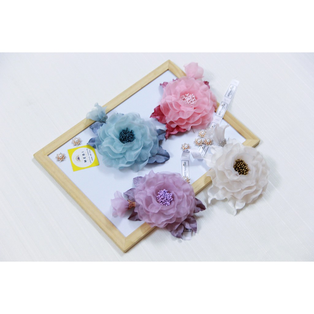(Ảnh thật 100%) Hoa cài áo handmade vải voan 1 nụ đế kim loại siêu sang (size 13.5 - 14cm)