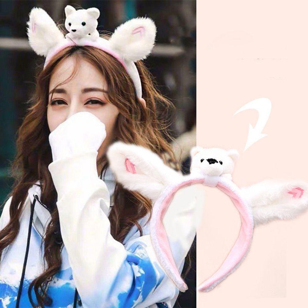 Băng Đô Cài Tóc Tai Thỏ Bằng Vải Bông Màu Ngà Đính Nơ Thời Trang Thu Đông Cho Nữ