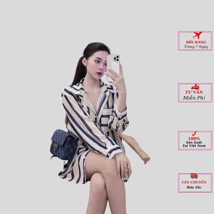 set áo sơ mi nữ form rộng kiểu kẻ sọc xanh trắng đẹp dài tay hàn quốc cao cấp,Chất vải tằm voan cực mát kiểu YoLoFashion