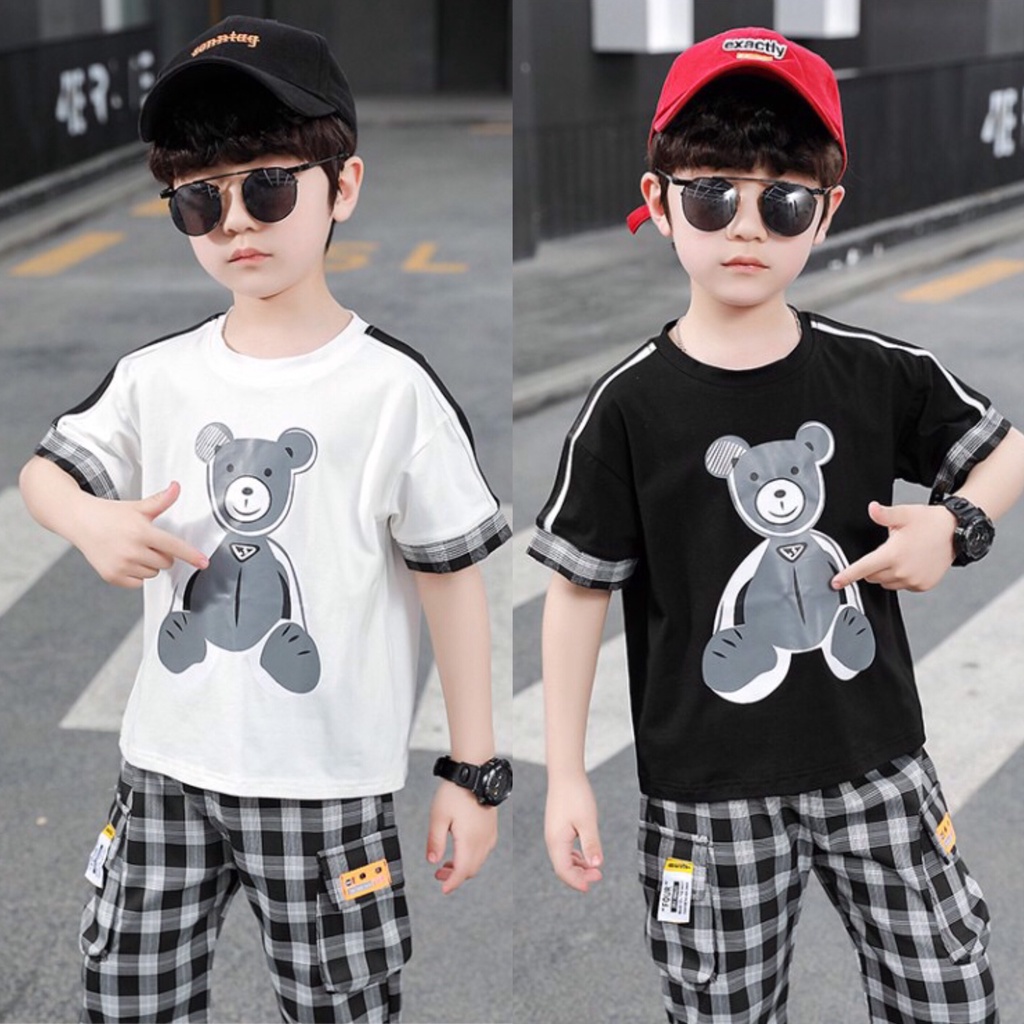 Bộ quần áo thun hè "GẤU MIX CARO" 14-45kg cho bé trai 4-14 tuổi. Thiết kế đẹp - Hàng may kỹ. STG4