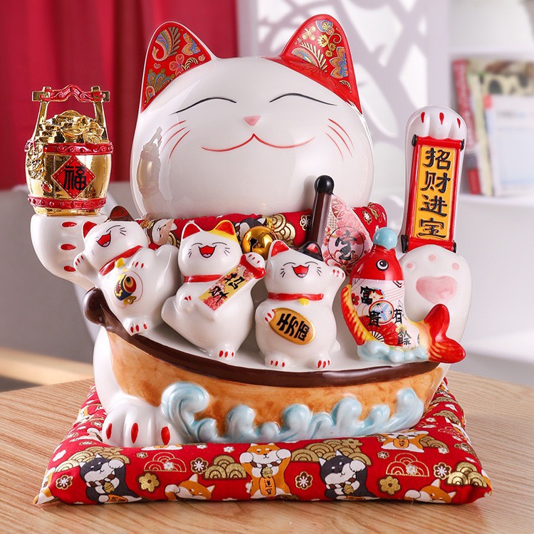 Mèo Thần Tài Vẫy Tay 27 cm Mèo May Mắn Tài Lộc Gốm Sứ Cao Cấp
