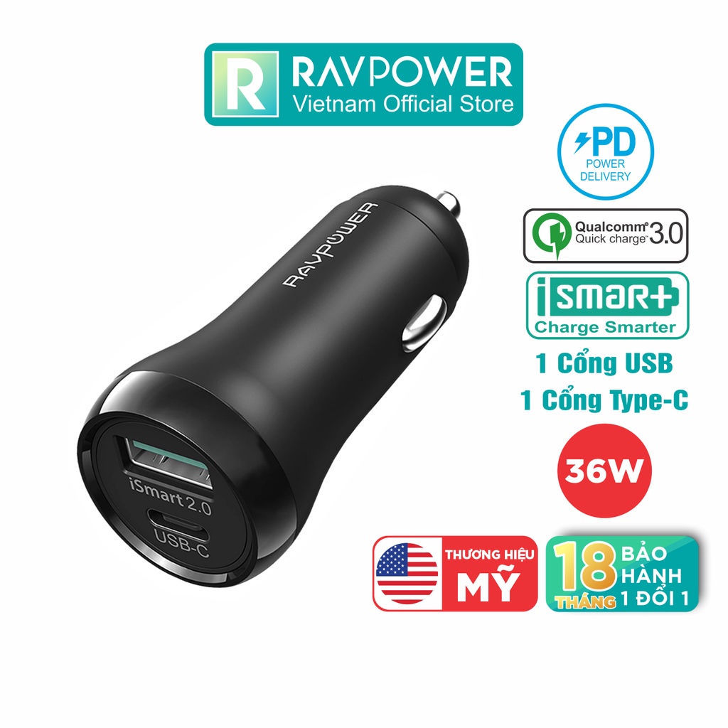 Củ Sạc Điện Thoại Trên Ô Tô RAVPower RP-PC091 36W Quick Charge 3.0, USB Type C PD 18W, iSmart 2.0 0 - Hàng Chính Hãng