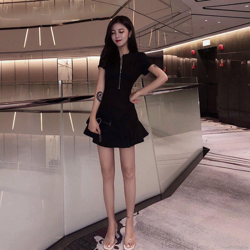 Đầm tay ngắn lưng cao phối khoá kéo màu trơn thanh lịch