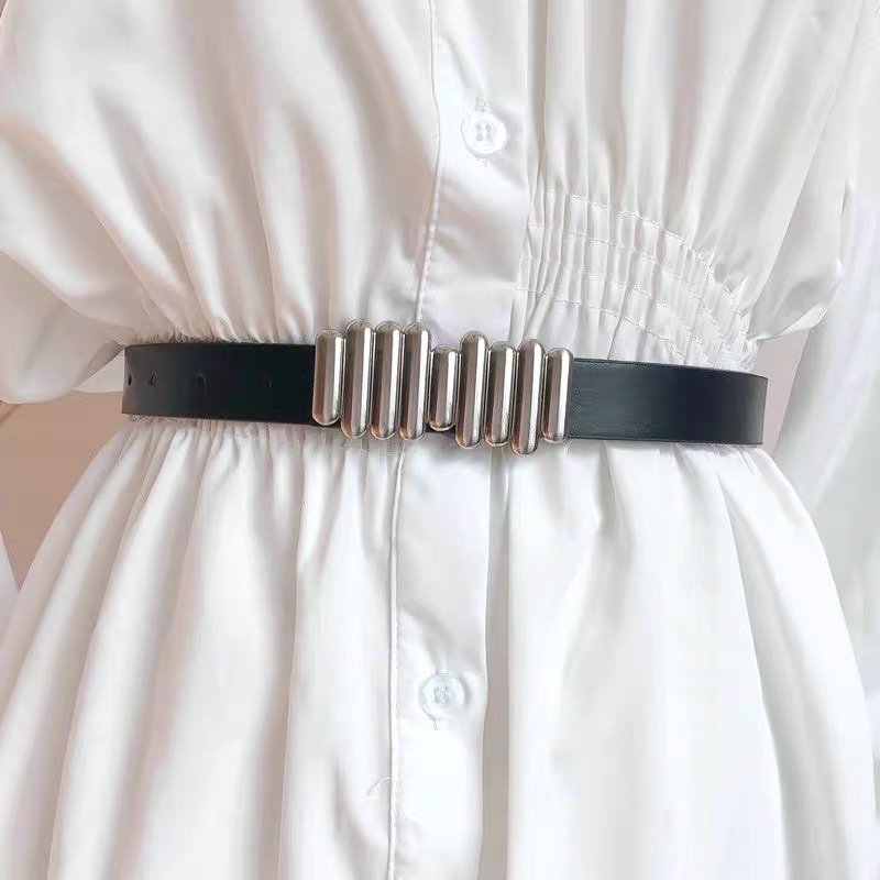 Đai váy thắt lưng nữ BROO mặt vàng bạc dây da đẹp phối blazer, đầm cá tính bản nhỏ 2.3cm