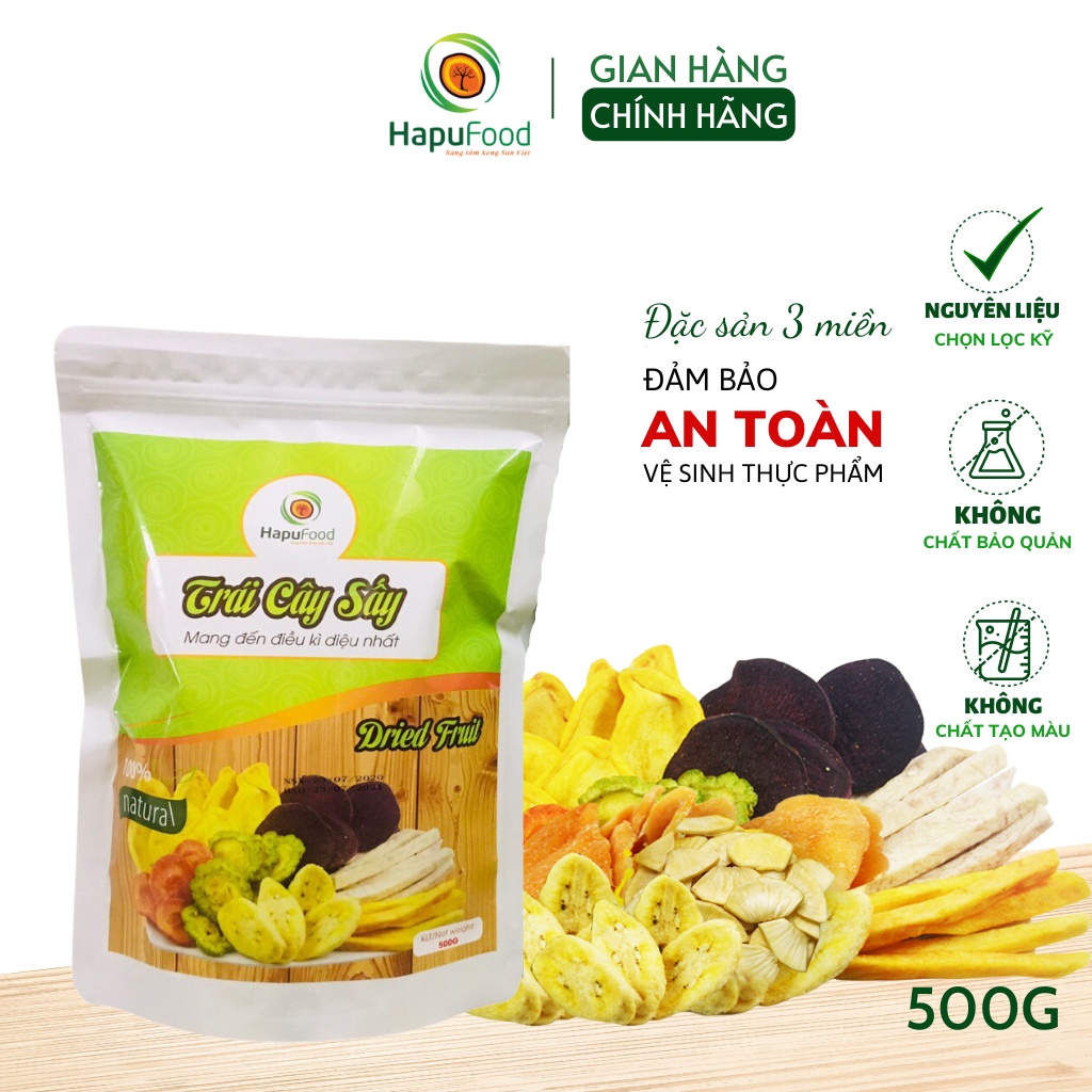 Trái cây sấy HAPUFOOD túi 500Gram thơm ngon, trái cây khô mix vị túi lớn