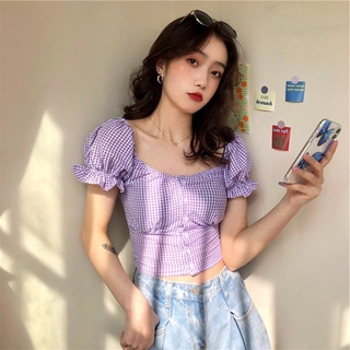 Áo croptop tím kẻ caro tay chun