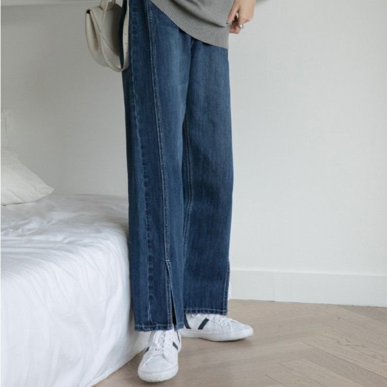 Quần jean ống suông rộng lưng cao xẻ tà phong cách Retro Hàn Quốc mới