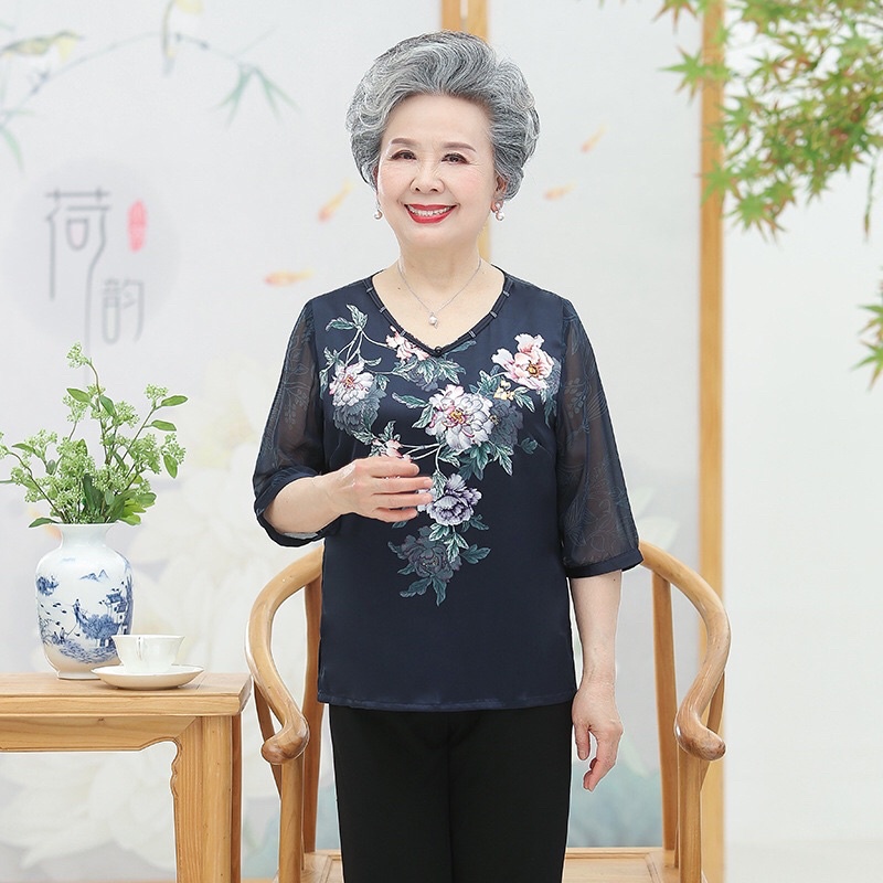 Áo sơ mi trung niên cho bà cho mẹ kiểu dáng sang trọng áo kiểu in hoa hàng quảng châu