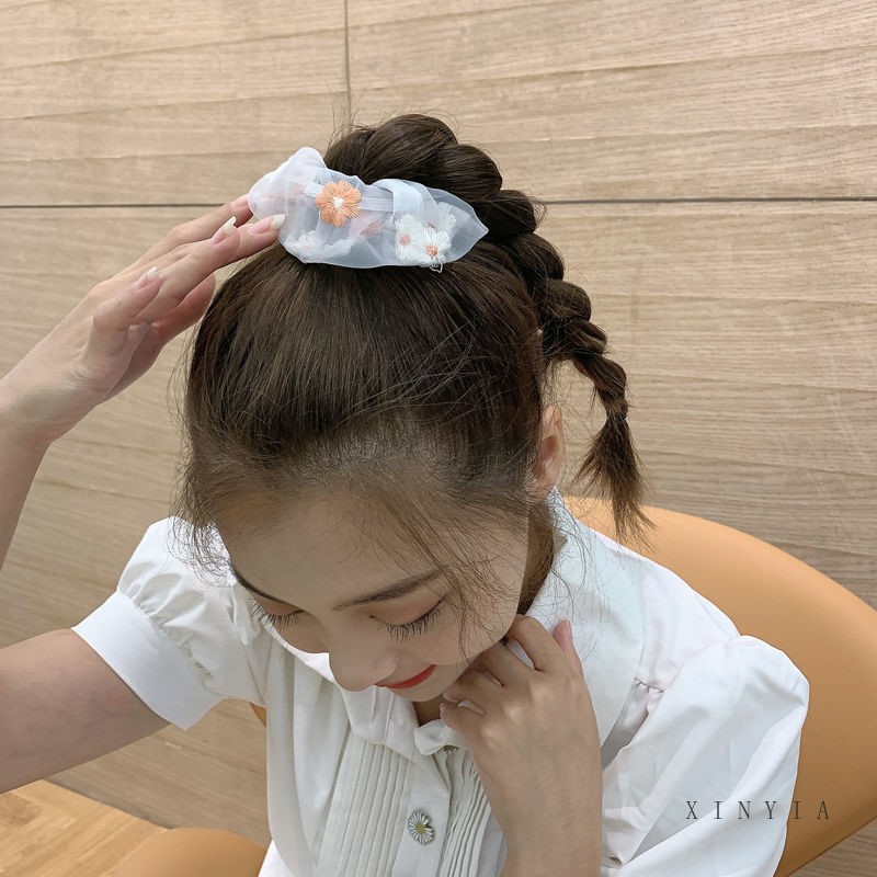 Dây buộc tóc đàn hồi thêu hoa dễ thương thời trang nữ