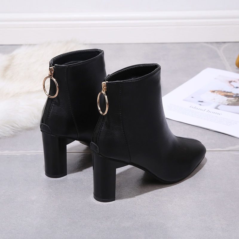 💗Giày Bốt Martin Cổ Thấp Thiết Kế Cá Tính Thời Trang👢 Giày Bốt Da Mềm Gót Cao Mũi Vuông Thời Trang Xuân Thu 2021 Cho Nữ