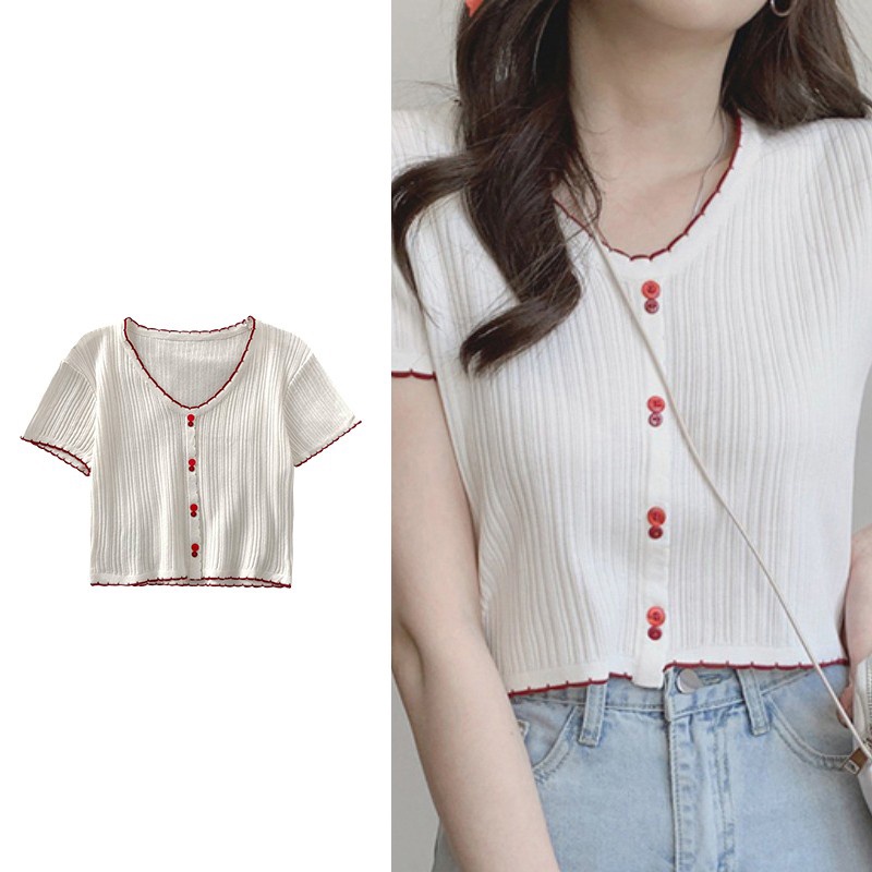 NUZIRO Áo croptop  dệt kim tay ngắn hoạ tiết kẻ sọc màu tương phản thời trang