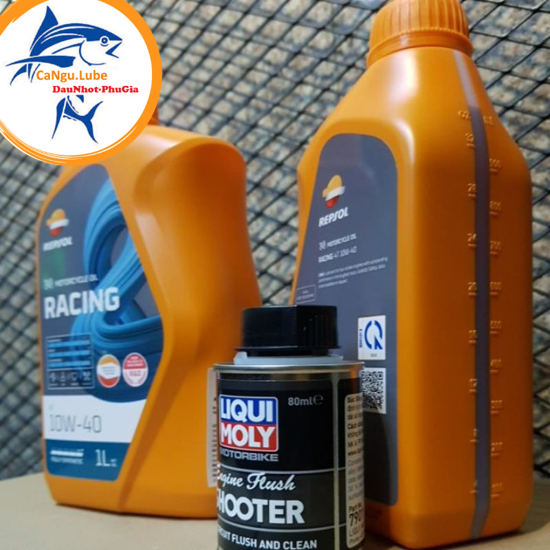 Combo nhớt repsol racing 10w40, nhớt cao cấp kết hợp súc động cơ Liqui moly SHOOTER