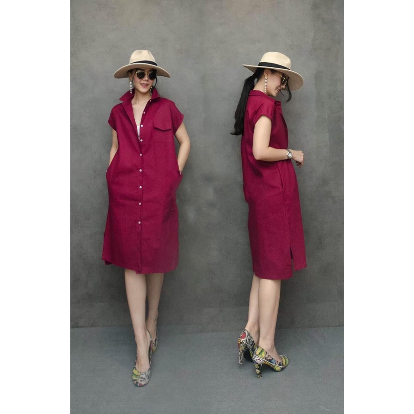 Đầm suông sơ mi linen phong cách trẻ - Đỏ đô