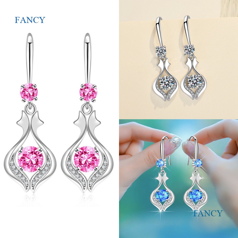 Khuyên Tai Dáng Dài Đính Đá Zircon Màu Trắng/ Hồng/ Xanh Dương Thanh Lịch Thời Trang Cho Nữ