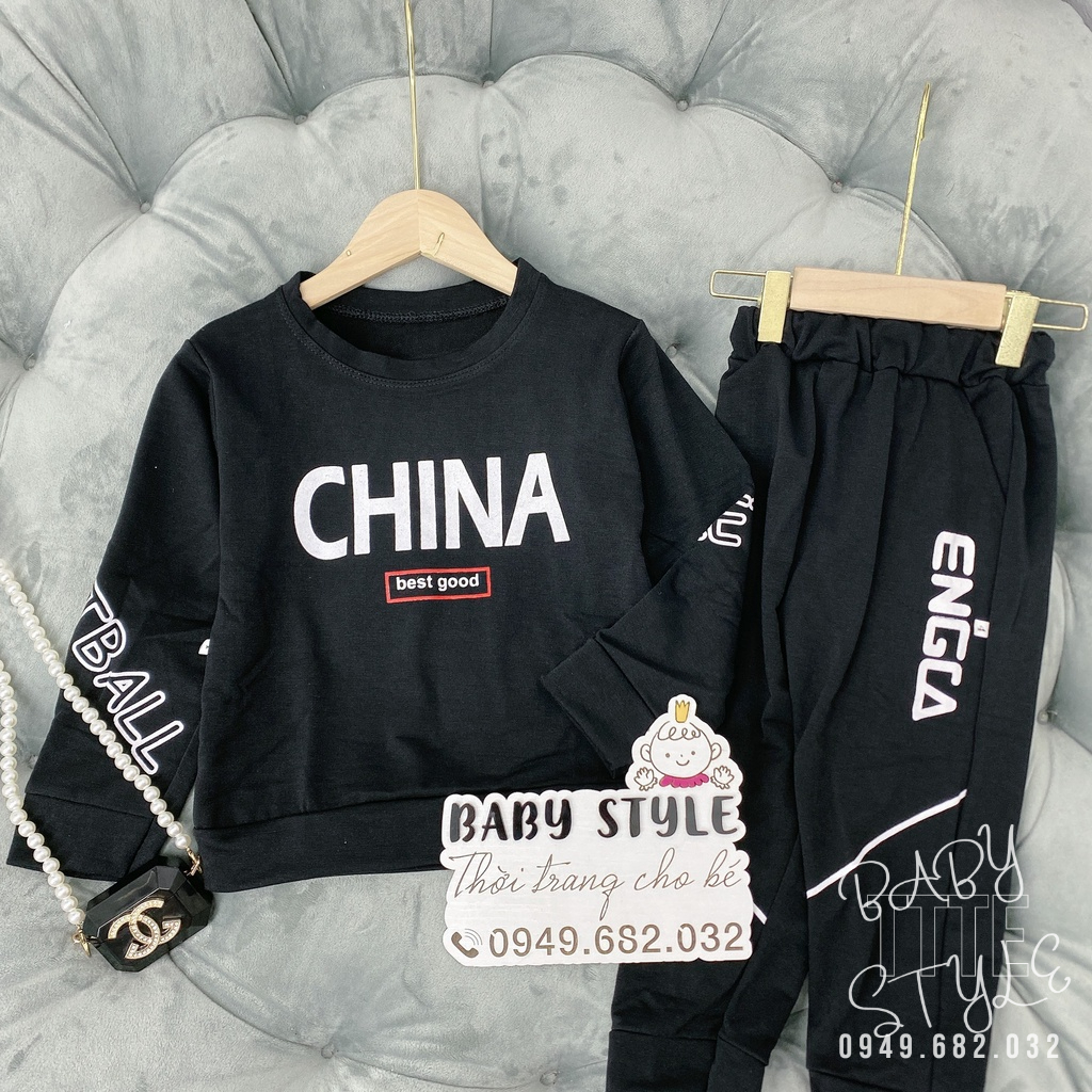 Bộ quần áo thu đông dài tay &quot;CH!NA&quot; 14-45kg cho bé trai 4-14 tuổi. Thiết kế năng động. Vải da cá dày dặn. B36