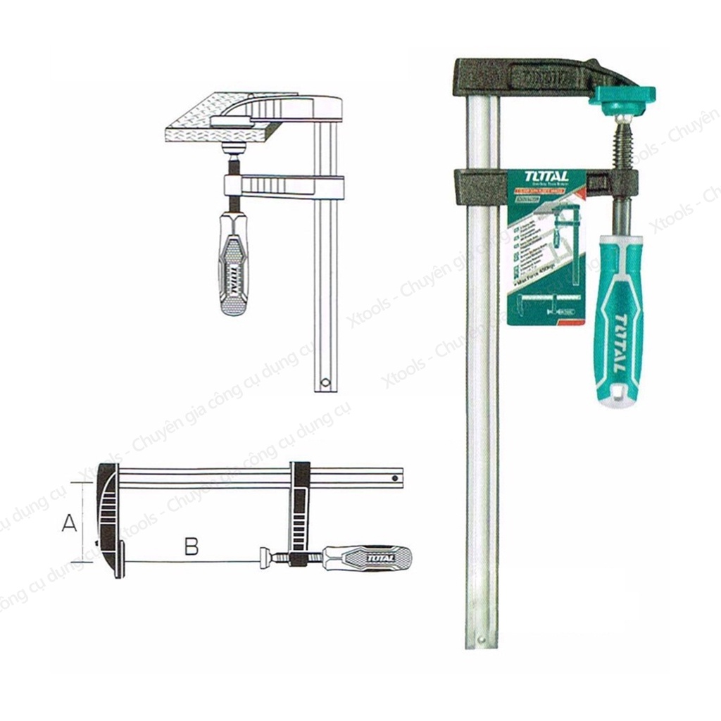 Kẹp gỗ chữ F TOTAL chất liệu thép Cr-V cao cấp, chống rỉ sét cong vênh trong quá trình sử dụng, thiết kế thông minh