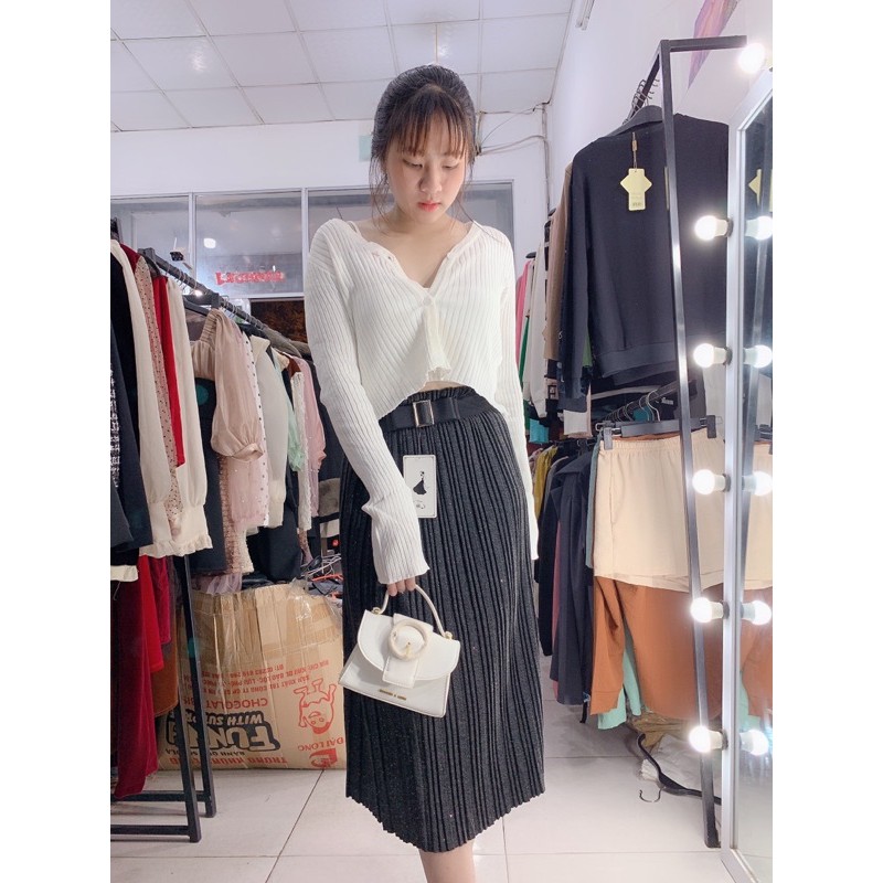 CHÂN VÁY DẠ NHŨ MIDI KÈM ĐAI NƠ