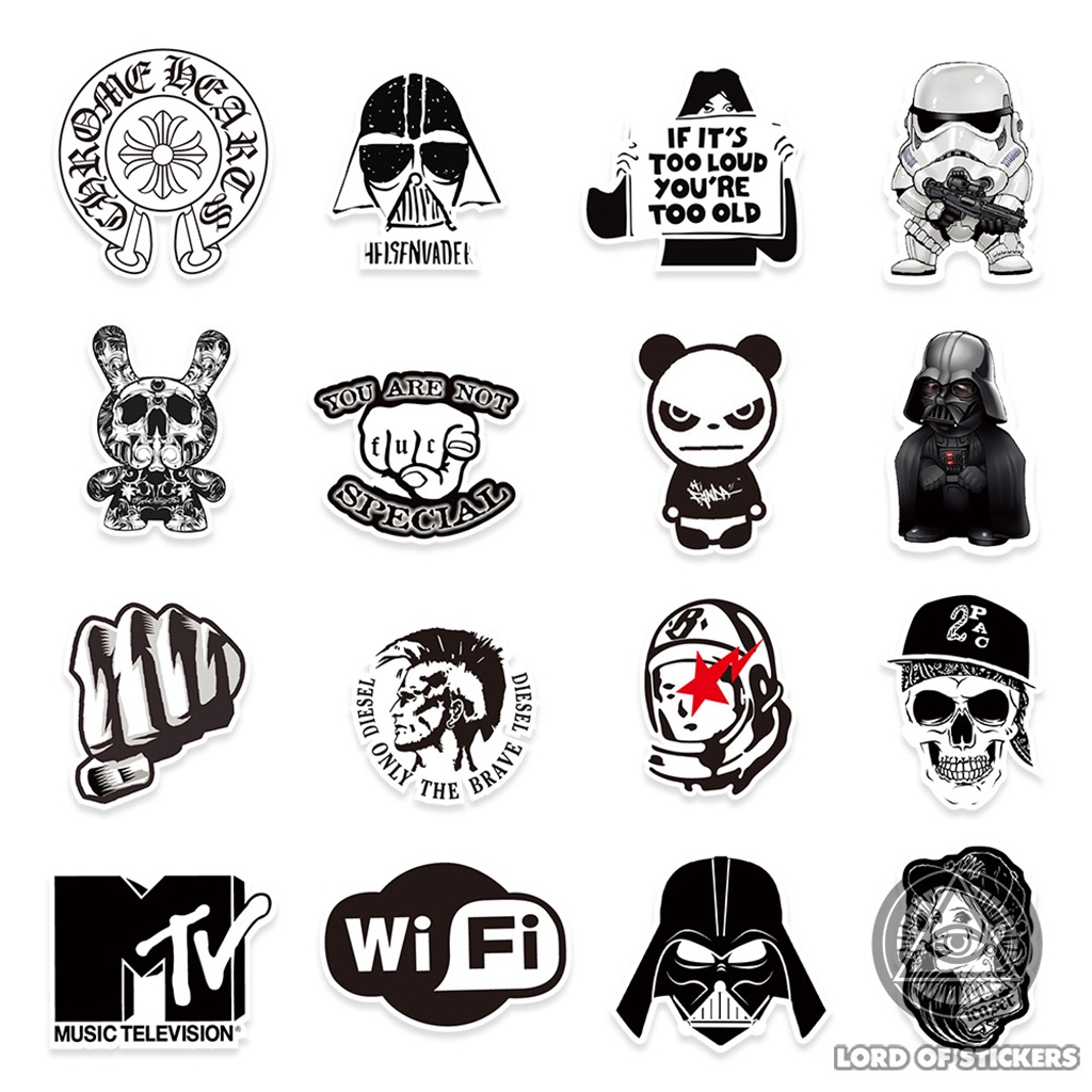 Set 100 Hình Dán Graffiti Brand Logo Sticker Thương Hiệu Đen Trắng Chống Thấm Nước Trang Trí Mũ Bảo Hiểm, Ván Trượt, Xe
