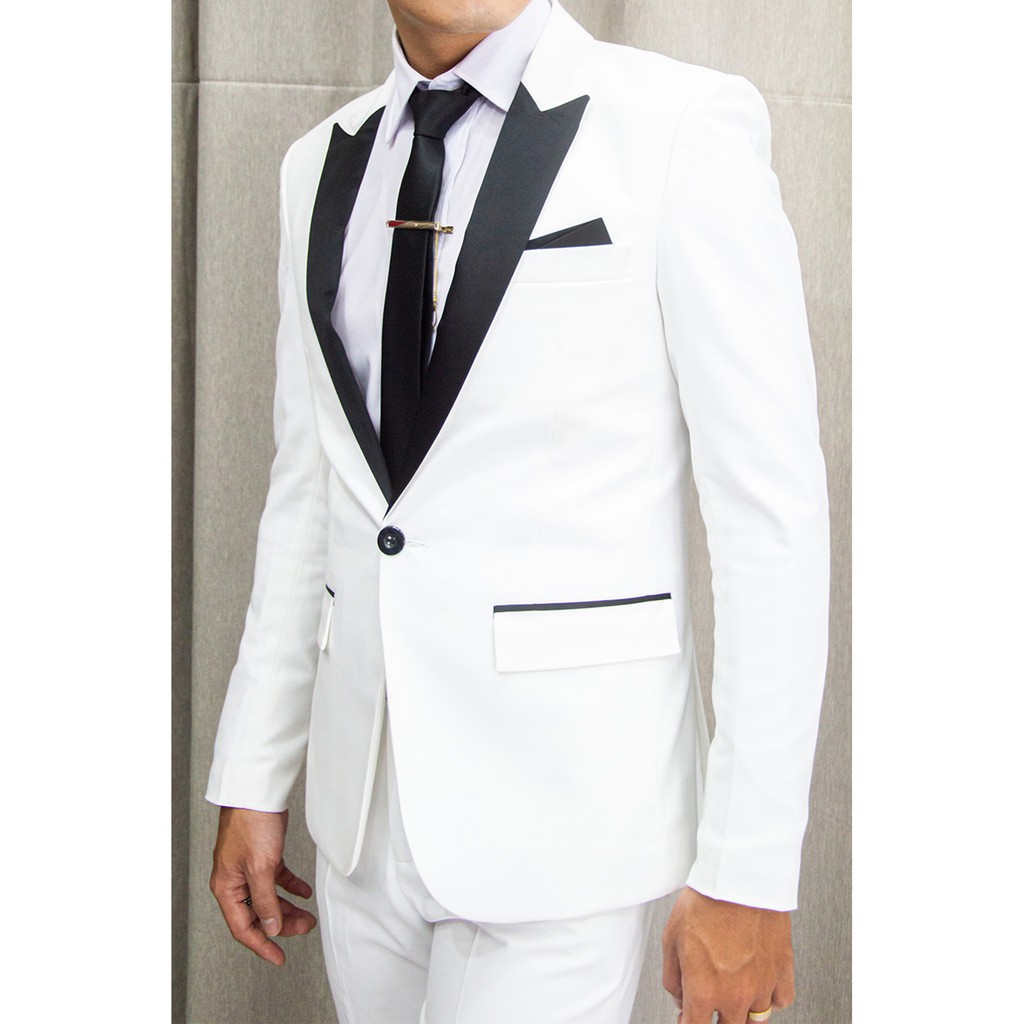 Bộ vest nam ôm body màu trắng cổ viền phi đen + cà vạt + nơ đen