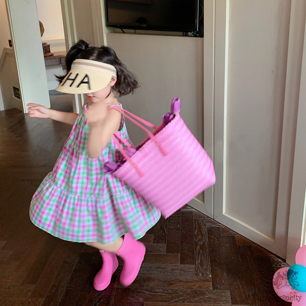 Đầm Sát Nách Đi Biển Mùa Hè In Họa Tiết Kẻ Sọc Phong Cách Hàn Quốc Cho Bé Gái