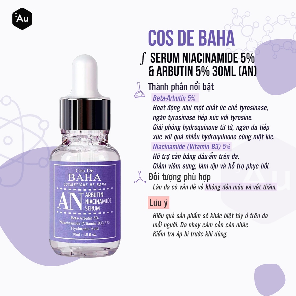 Cos De BAHA | Serum Niacinamide 5% + Arbutin 5% + Hyaluronic Acid - Hỗ Trợ Làm Đều Màu Da 30ml (AN)