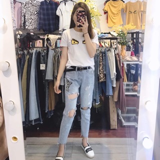 Quần baggy rách thêu mèo