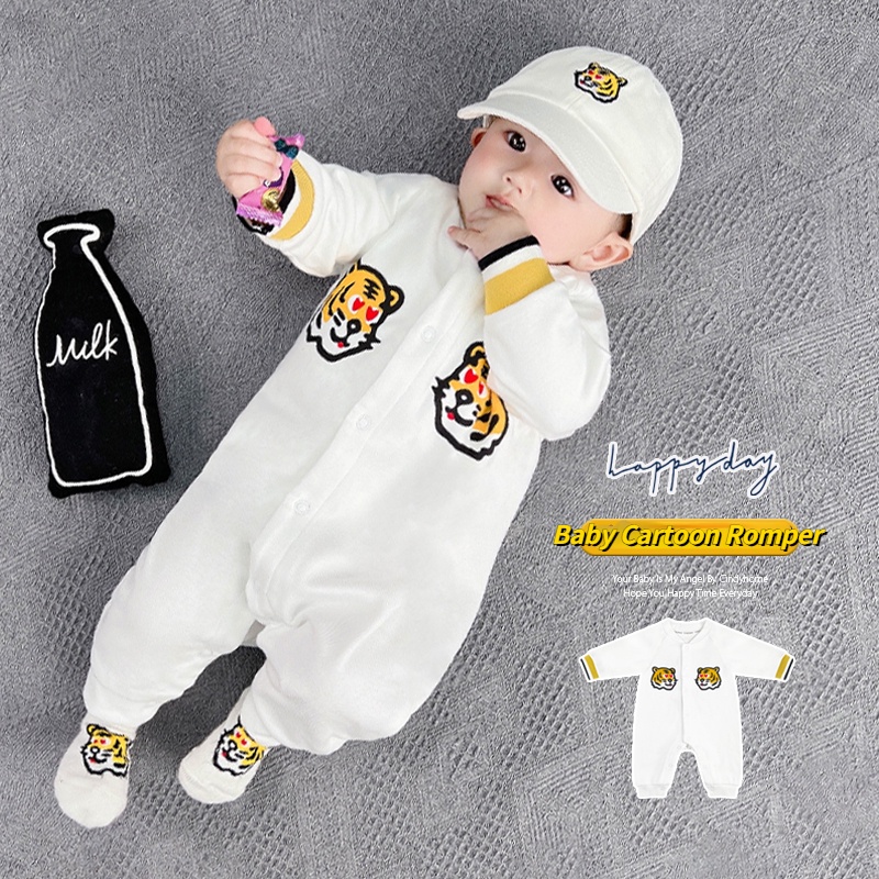 Áo Liền Quần Tay Dài In Hình Hổ Hoạt Hình Dễ Thương Dành Cho Trẻ Em Sơ Sinh