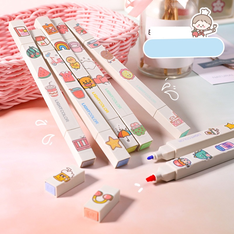 Bút highlight Pastel 2 Đầu Gấu Thỏ House đánh dấu có thể dán sticker trang trí 699