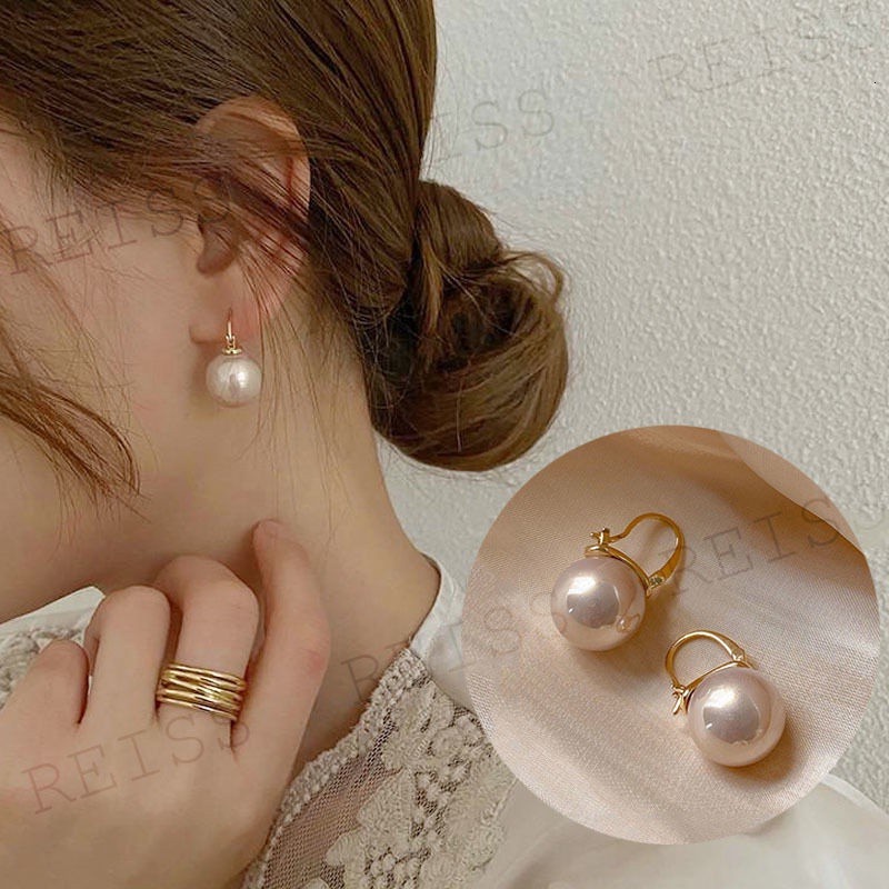 Bông Tai Dạng Vòng Đính Hạt Ngọc Trai Lớn / Chữ U Cao Cấp / Bông Tai Màu Vàng Đơn Giản