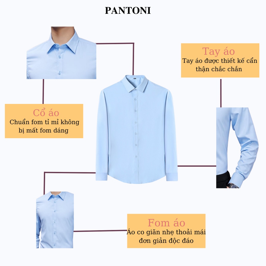Áo sơ mi nam dài tay Pantoni cổ bẻ, Sơ mi nam dáng ôm vải lụa nến không nhăn không xù thấm hút mồ hôi