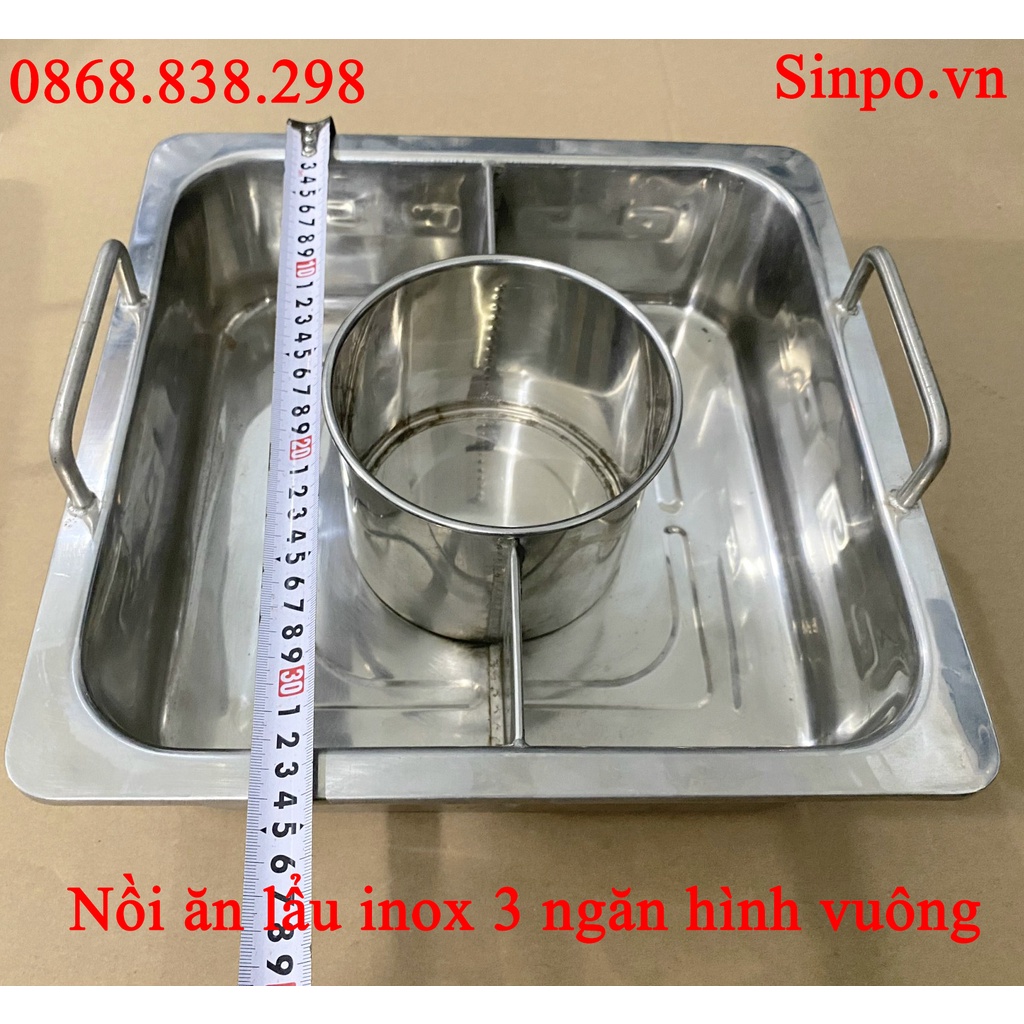 Nồi lẩu inox 3 ngăn, xoong 3 ngăn inox vuông dùng được cho bếp từ