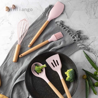 Bộ 11 Dụng Cụ Nấu Ăn Bằng silicone Tay Cầm Gỗ Màu Hồng