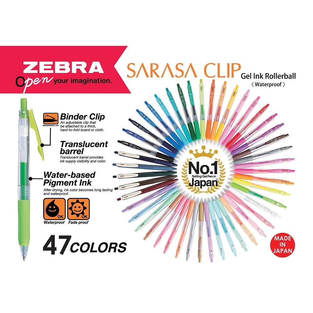 Bút gel Zebra Sarasa clip 0.5 mm, bộ 5/10 màu (Japan)