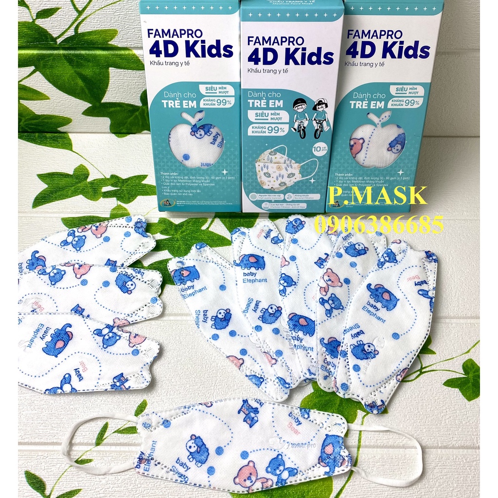 Khẩu trang 4D dành cho bé FAMAPRO IN HÌNH DỄ THƯƠNG 10 cái/ Hộp - Khấu trang Nam Anh 4D Kids 3 lớp kháng khuẩn