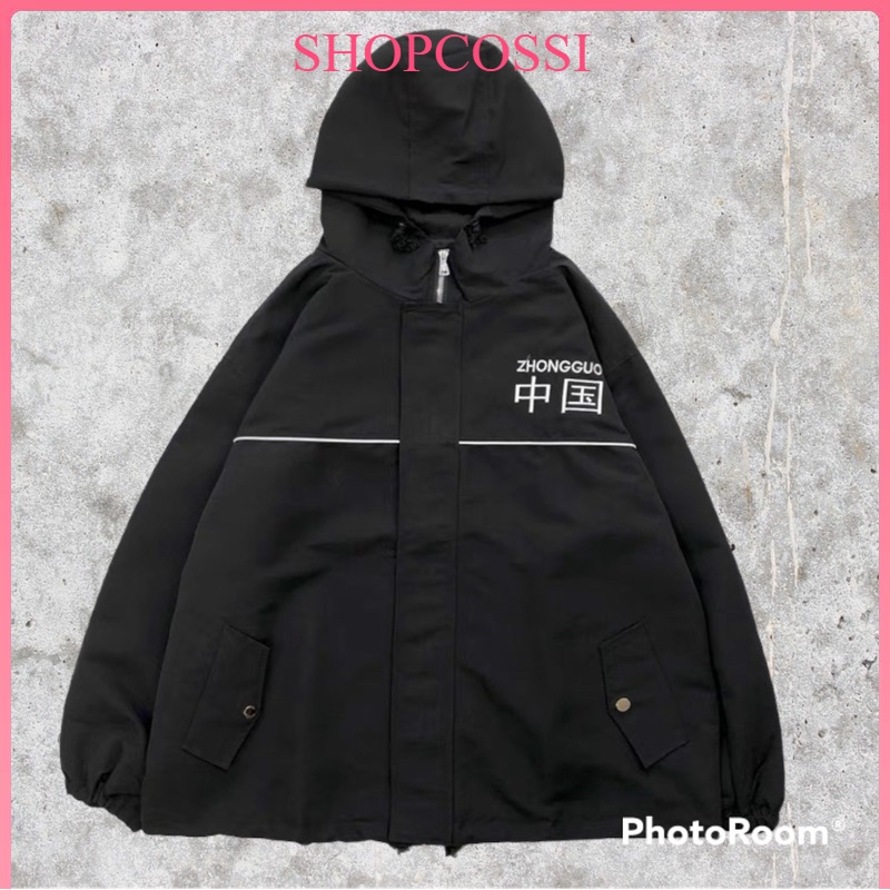 Áo khoác nữ chất dù, áo khoác gió form rộng unisex 2 lớp siêu dày đẹp in chữ trung quốc