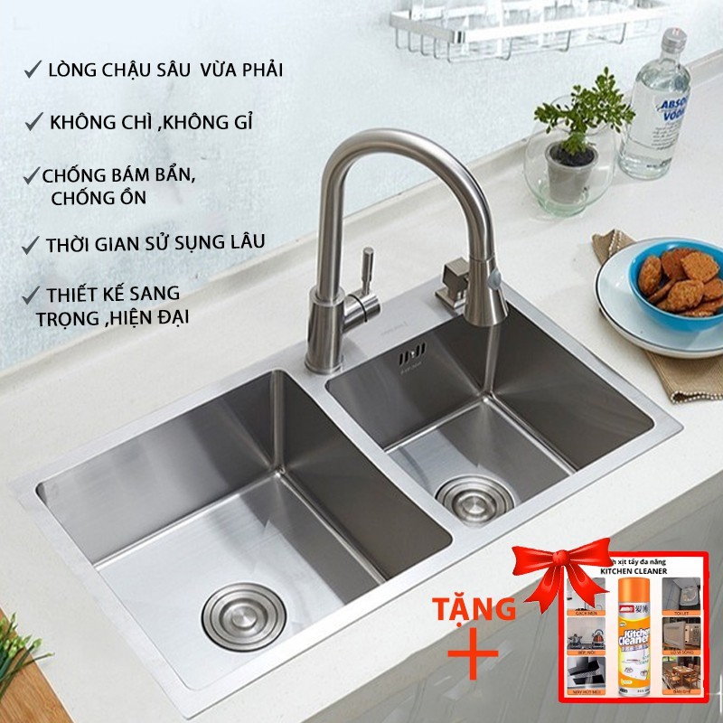 Chậu rửa bát inox 304, chậu rửa chén 2 hố hàng chính hãng bảo hành 24 tháng.