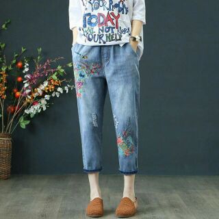 Quần jean nữ cao cấp thiết kế lưng thun dáng thụng phối hoa phong cách NP1050