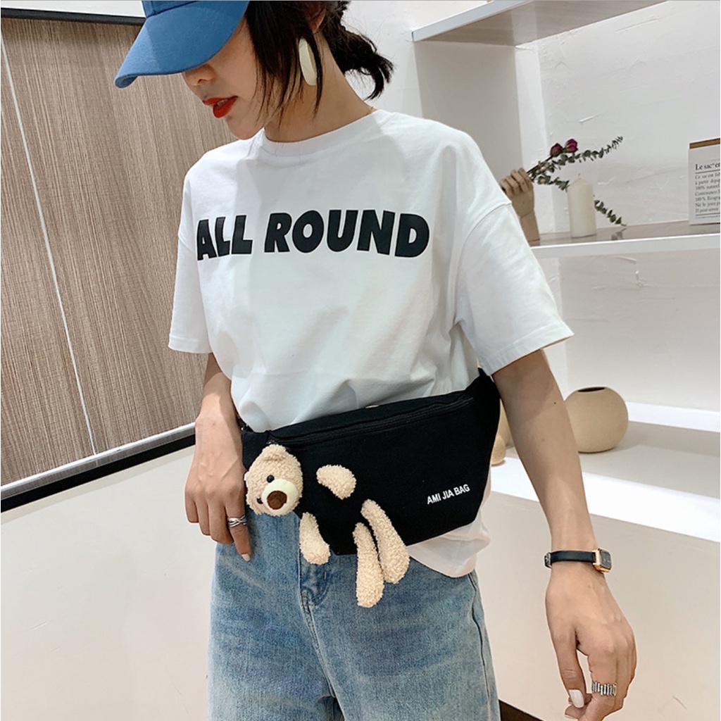 Túi đeo hông, đeo ngực gấu bông 3 màu, vải canvas