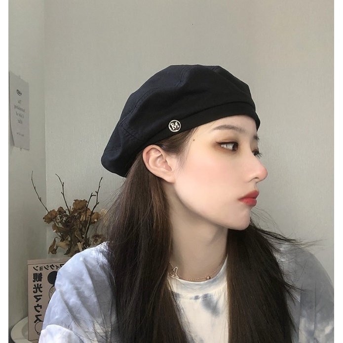 Mũ nồi nữ vải thô Hàn bền đẹp thời trang, nón beret charm chữ M ulzzang Emmer191