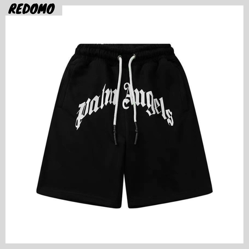 Quần Short Lửng Thun Nam Màu Đen In chữ Palm Angels Lưng Chun Dây Rút Chất Nỉ Da Cá 2 Da Dày Xịn