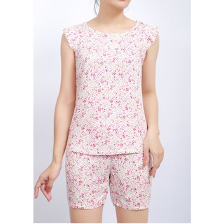 Bộ mặc nhà lanh (tole) chéo Hàn Vicci BSH.069.4 quần shorts áo cộc tay, họa tiết hoa nhí hồng nền trắng
