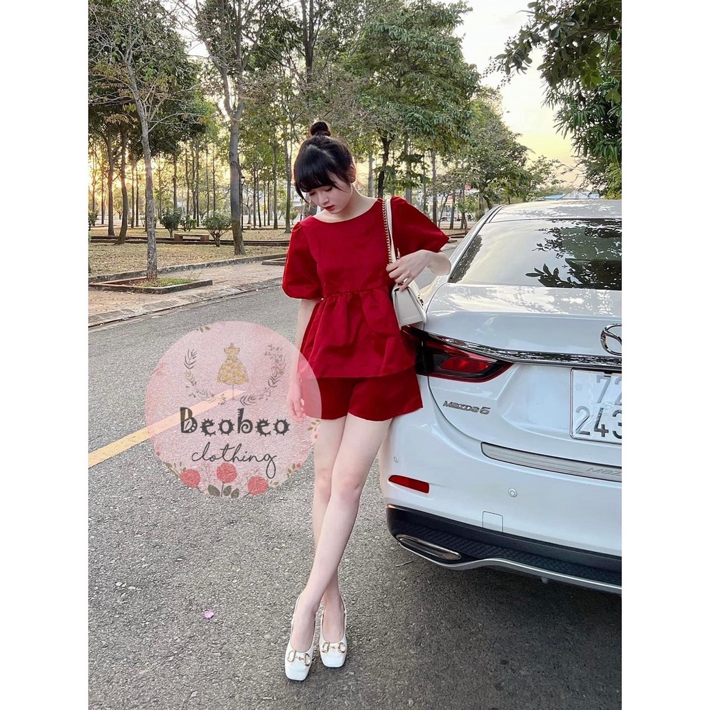Set áo babydoll đỏ tay phồng nơ lưng kèm quần short dễ thương
