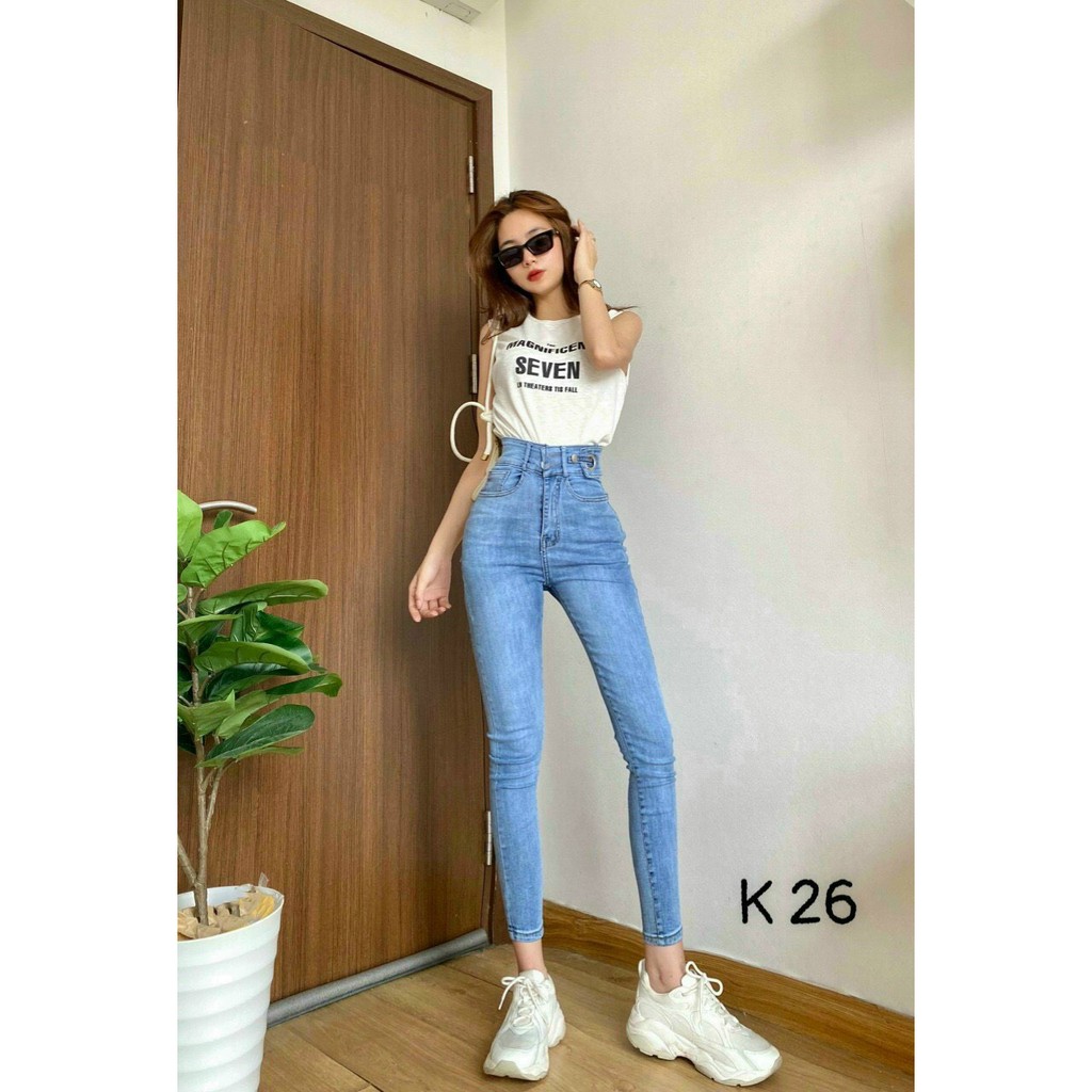 Quần jean 2 nút khoen đai body trơn cực xinh , chất jean dày dặn co giãn đủ size