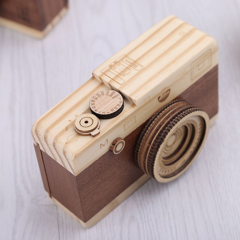 ★TOY♣ Wooden Music Box Retro Camera Design Classical Melody Birthday Home Decoration