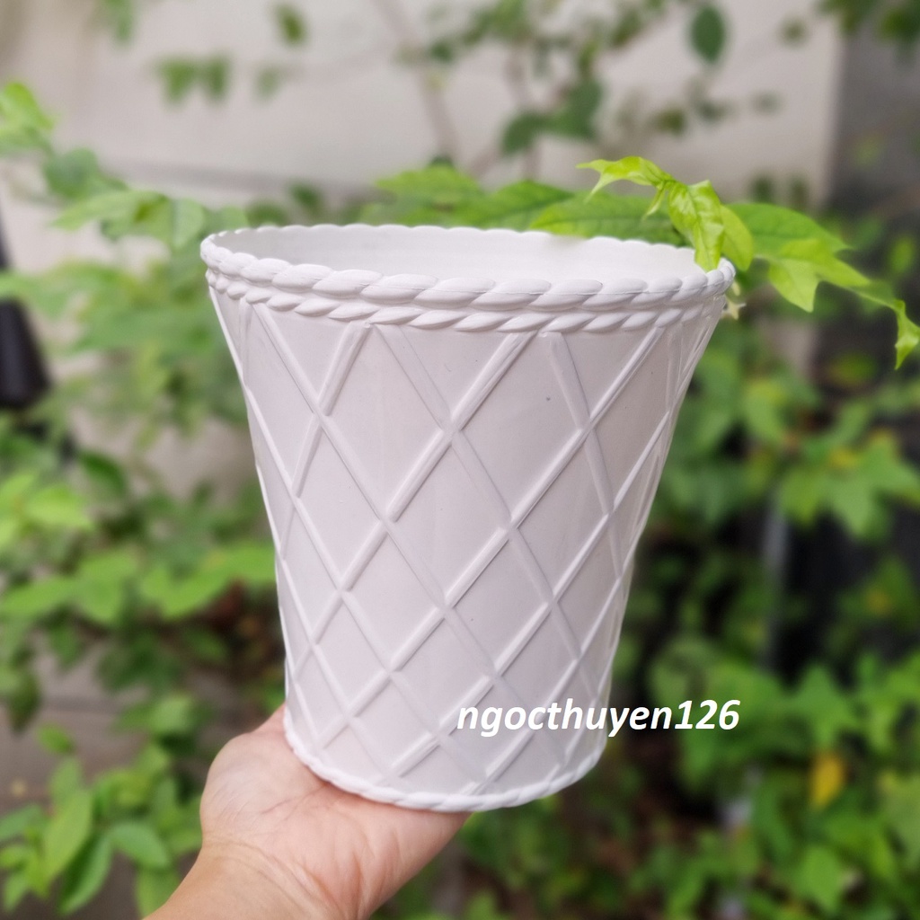 Bộ 04 chậu caro trồng hoa kiểng màu trắng nhựa dày đẹp size nhỏ 17x17x11cm