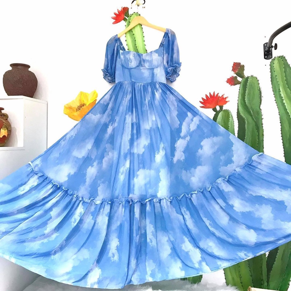 [MAXI] Đầm maxi đi biển loang màu xannh và cầu vồng có sẵn