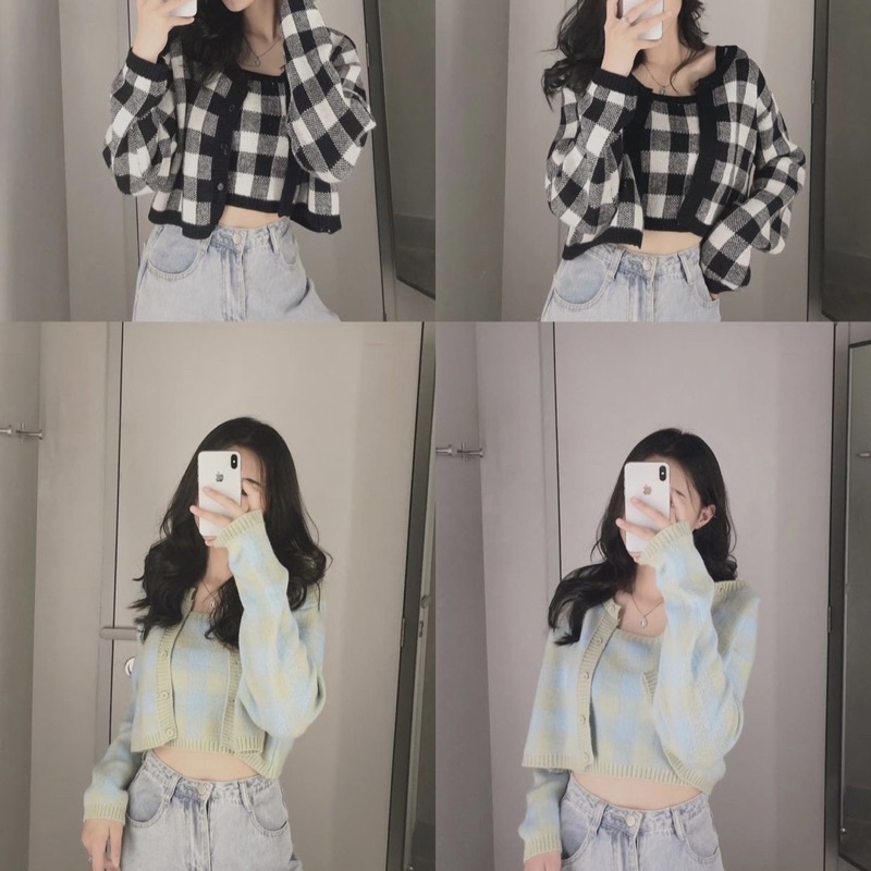 Set áo 2 dây kèm cadigan hoạ tiết kẻ caro siêu hot | BigBuy360 - bigbuy360.vn