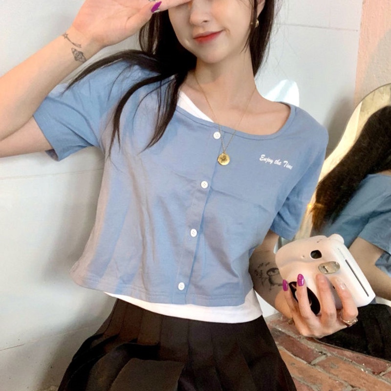 Áo Thun Tay Ngắn Giả Hai Lớp Phong Cách Hàn Quốc 185275 Áo Thun Ngắn Tay Thời Trang Mùa Hè